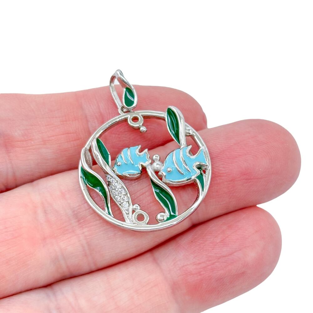 Vintage Sterling Silver 925 Tropical Fish & Seaweed Enamel Under the Sea Pendant